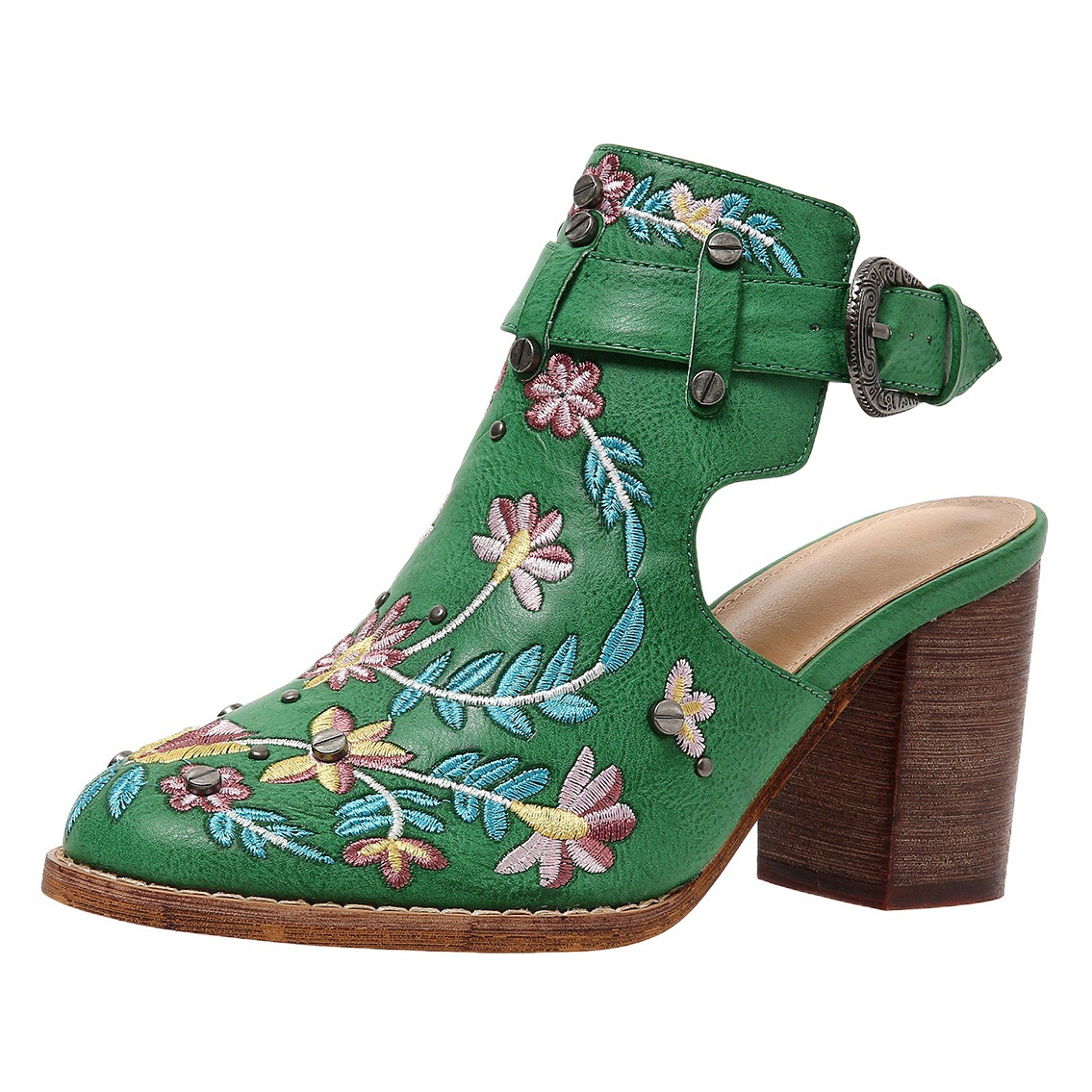 Juhiti Spot New European and American Embroidered Rivets Large Size Thick Heel Women's Sandals Export Women's Buckle High Heel Sandals for Women