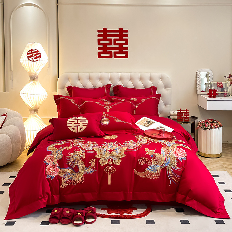 Picture of High-end European-style Wedding Four-piece Cotton Big Red Embroidered Sanding Quilt Cover Wedding Bedding Accompanying Wedding Room