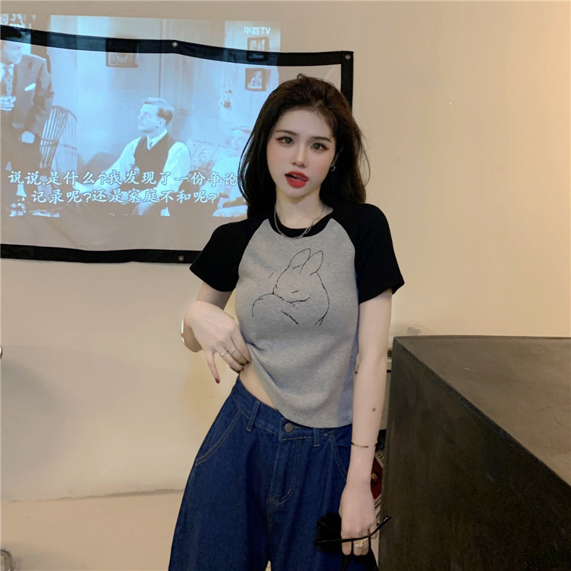 Cute Rabbit print contrast color short-sleeved T-shirt for Women summer 2023 new slim fit all-match short hot girl top ins