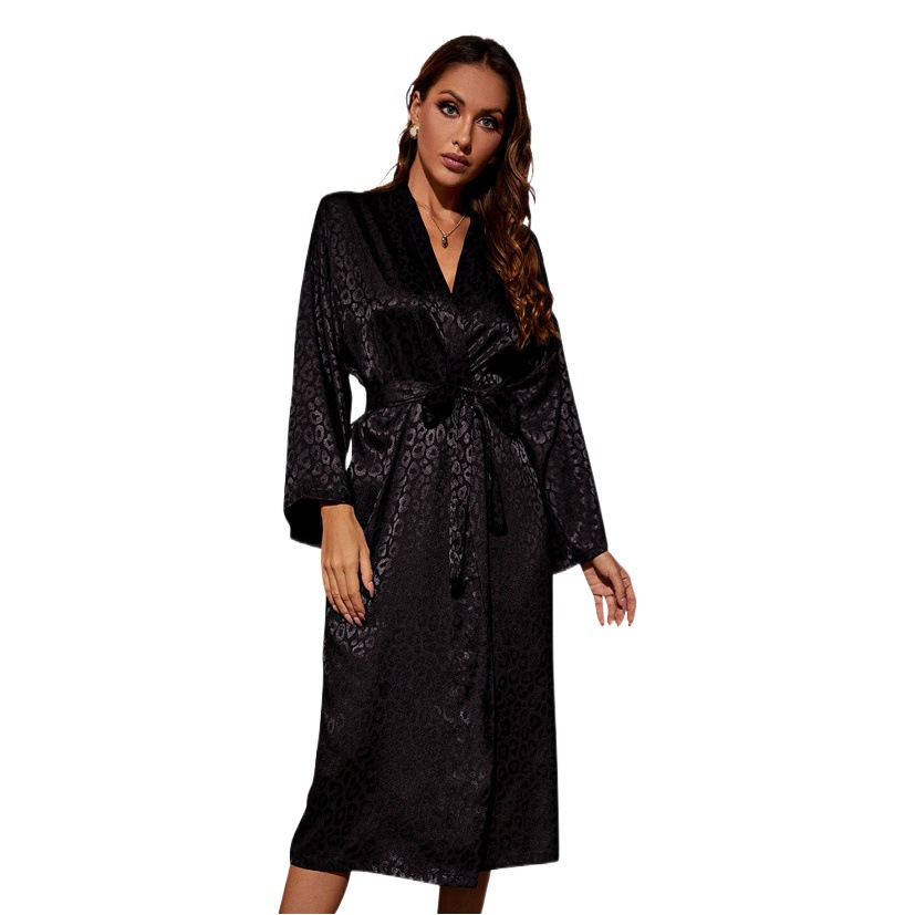Home Black Long-sleeved Nightgown Thin Sexy Women's Lace-up Morning Gown Simple Cardigan Pajamas Ice Silk Bathrobe