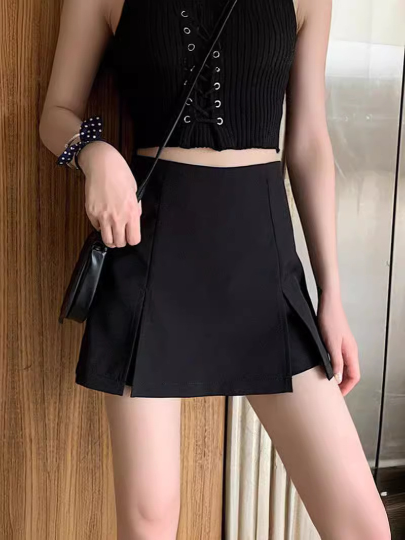 Black Skirt Pants Skirt 2024 Summer New Women's Hip Skirt Design Split Skirt High Waist A- Line Skirt
