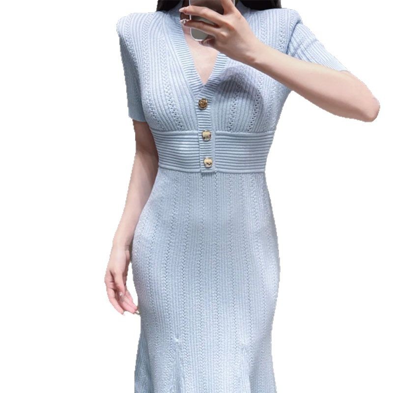 Picture of European and American Cross-Border Women's Clothing V-Neck Short-Sleeved Bodycon Knit Dress with a Stylish Metal Buckle Waist-Cinching Slimming Long Dress