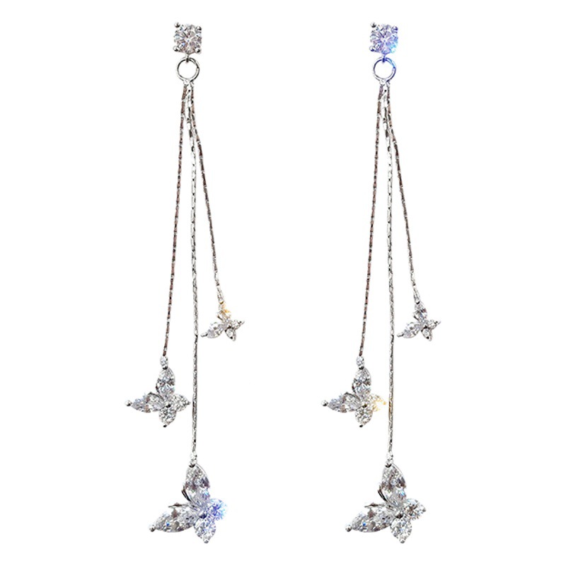925 Silver Pin Fashion Super Flash Butterfly Pendant Earrings Women's 2023 New Elegant Korean Long Ear Stud Earrings Women