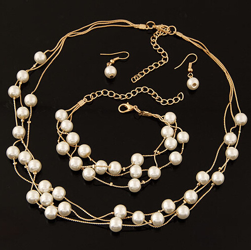Popular Aliexpress European and American Jewelry Fashion Pearl Necklace Earrings Bracelet Jewelry Set Three-Piece Accessories Wholesale
