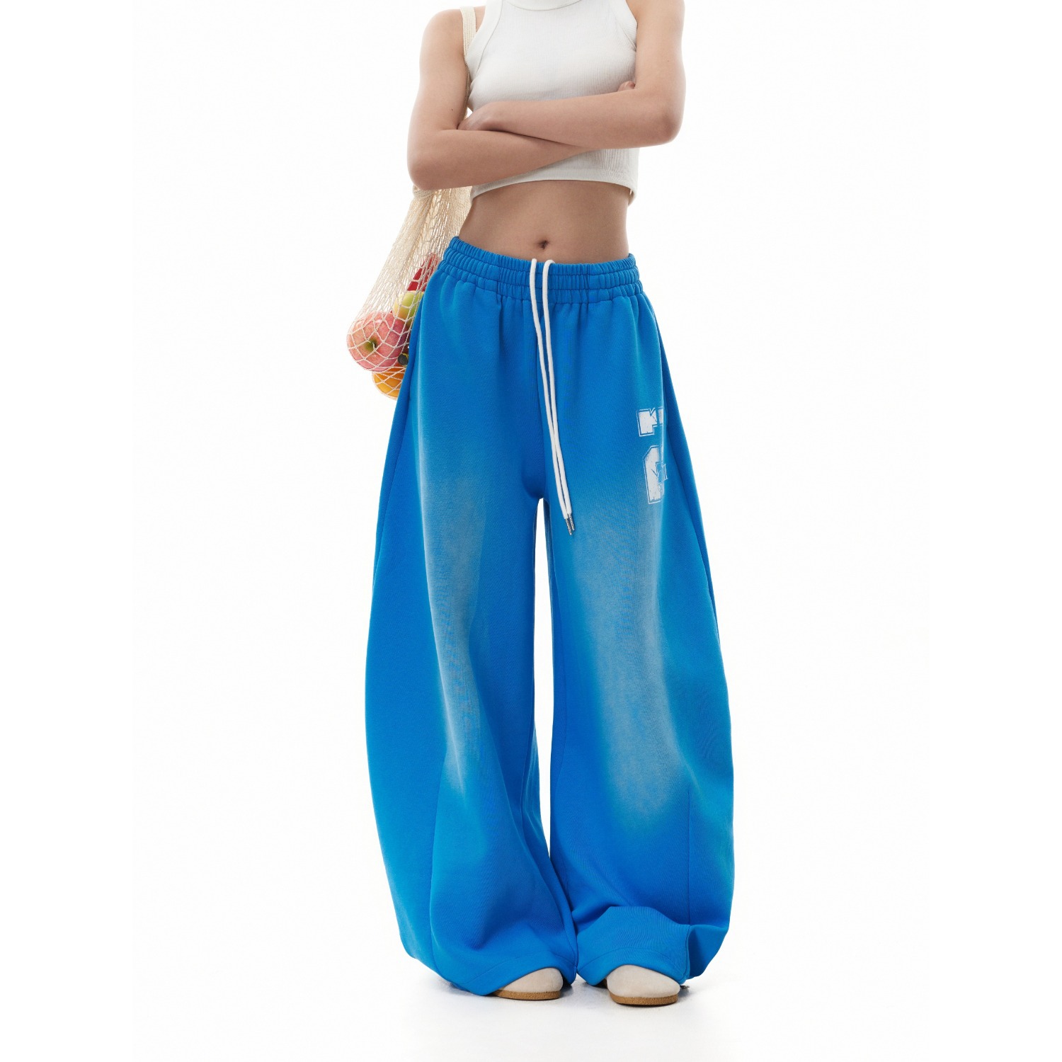 Blue trend American retro high street letter wide-leg scimitar pants Women's workwear washed gradient casual sports trousers