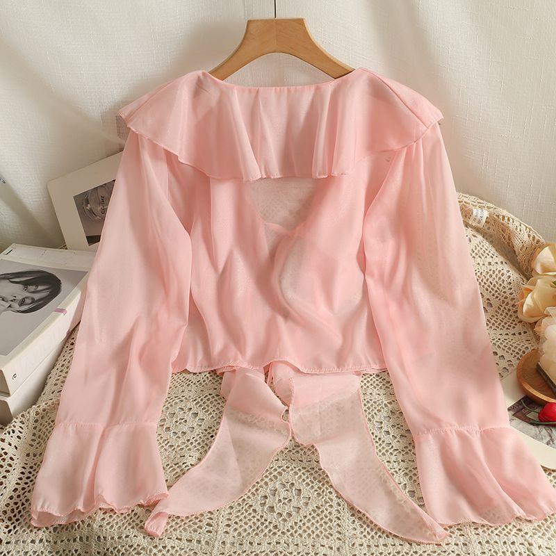 Picture of Sweet Ruffled Lace-up Short Chiffon Shirt for Women in Summer with Suspender Skirt and Shawl Small Outwear Sun Protection Blouse