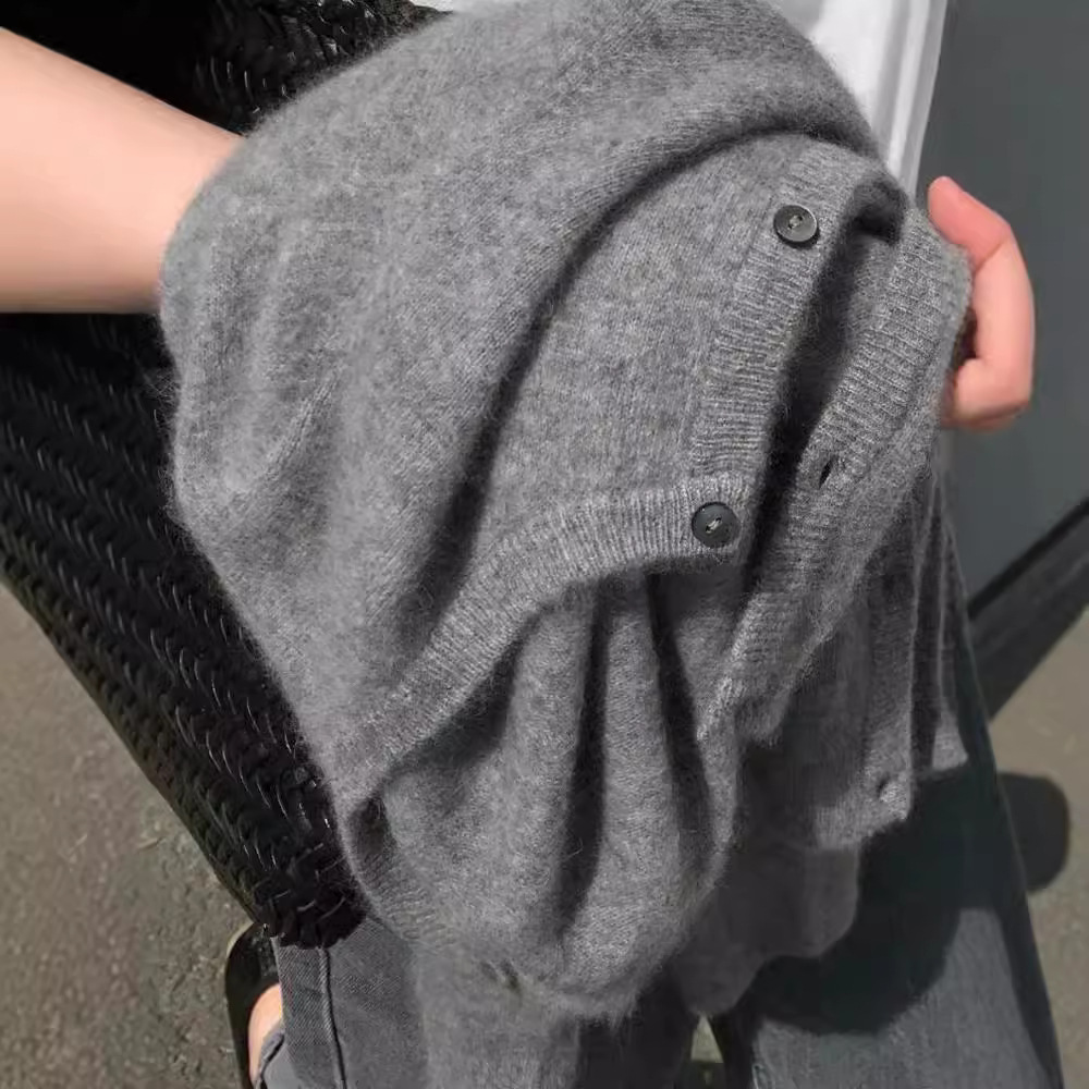Wool Cardigan Women's French Crewneck Knitted Sweater Coat Autumn and Winter Korean-style All-match Short Slim-fit Base Cashmere Sweater