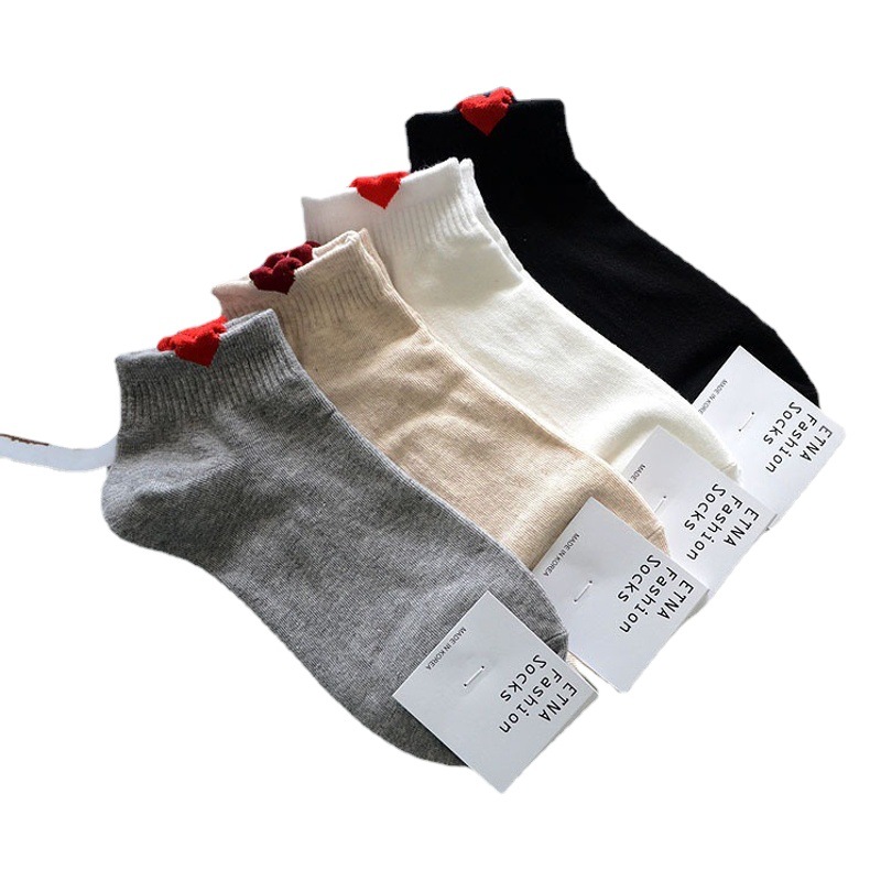 Korean Imported Socks for Women, Short Cotton Socks, Summer White Pink Women's Short Socks, Sports Casual Versatile Heart Pattern