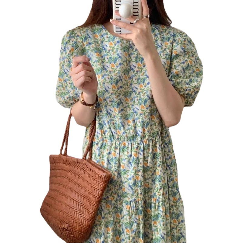 French Retro Floral dress 2023 New Summer chubby girl plus size Women's Puff Sleeve Waist Elegant Long Dress