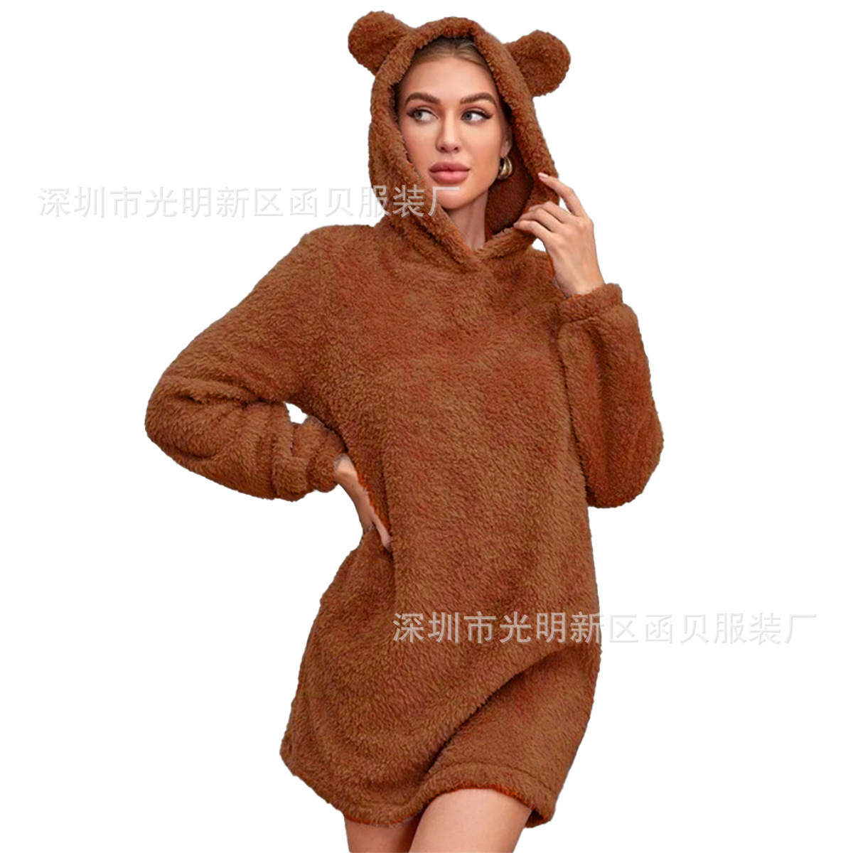 Picture of European and American Cross-border Amazon 2024 Autumn and Winter New Ear Hooded Loose Plush Long Sleeve Women's Wei Skirt Coat