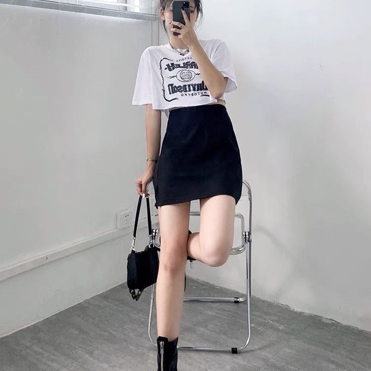 Skirt chubby girl summer women's 2022 new black sheath high waist A- line skirt slimming slightly fat split skirt fashion