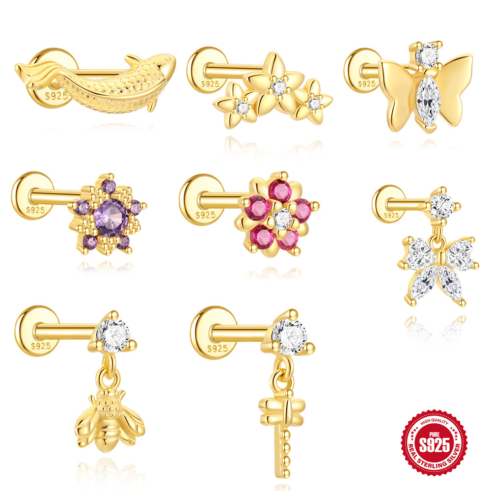 S925 Sterling Silver Ins Style Koi Butterfly Tassel Bee Dragonfly Flat Head Cartilage Piercing European and American Hot Selling Earrings