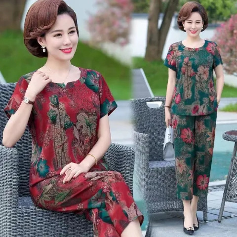 Women's Summer New Loose Large Size Printed Middle-aged and Elderly Mother's Two-piece Set for Women