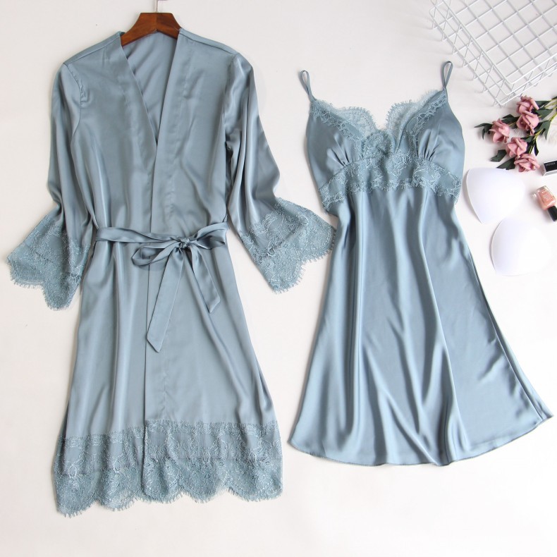 Pajamas Women's Spring and Autumn Sexy Ice Simulation Silk Nightgown Two-piece Set Sling Nightgown with Chest Pad Korean Style Home Clothes for Summer