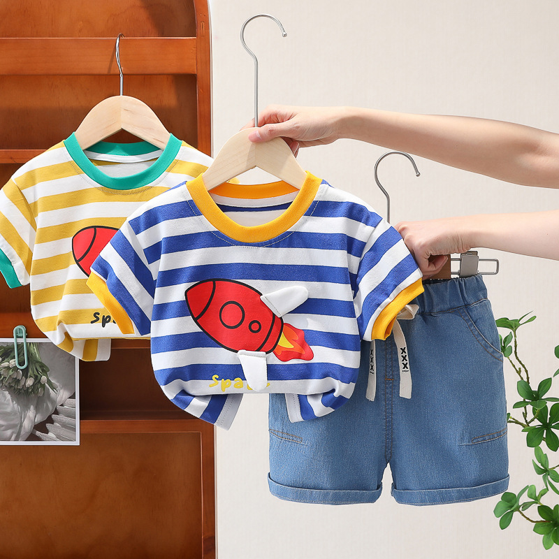 Boys' Summer Short-sleeved suit Summer New Style Comfortable Fashion Striped Rocket Crewneck Short-sleeved suit Trendy
