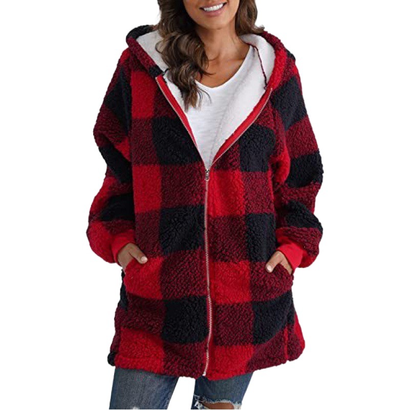 European and American plush women's coat 2023 New Amazon long sleeve plaid hooded zipper loose coat with pocket
