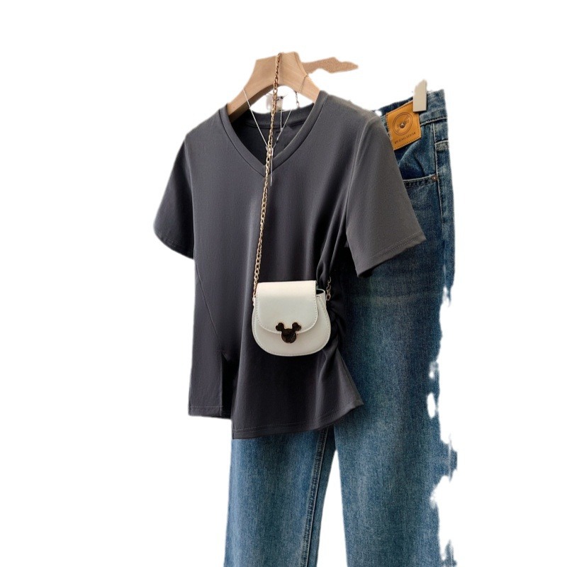 Picture of Niche Design Sense Solid Color Split Hem Short-sleeved T-shirt Women's Summer Outer Wear Slim-fit Base Shirt Short-sleeved Top