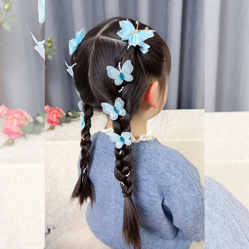 Picture of Little girl's new ancient style handmade butterfly pearl chain braided hairpin princess fairy head flower bead hair band headdress
