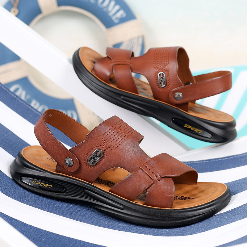 Summer New Top Layer Cowhide Men's Casual Beach Shoes Middle-aged and Elderly Genuine Leather Slippers Open Toe Dad's Sandals for Hair