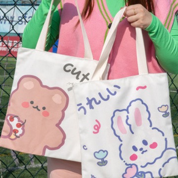 Japanese Style Cartoon Canvas Bag Female Student Casual Cloth Bag Single Shoulder Portable Large Capacity Shopping Book Supplementary Lunch Box Bag