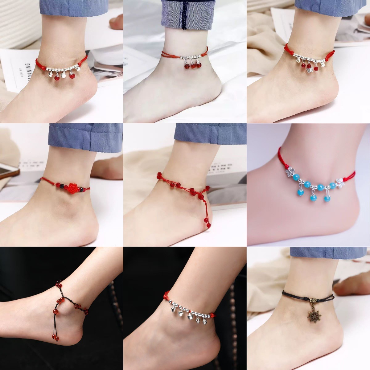 Chinese Style Creative Foot Ornaments for Women in Their Zodiac Year, Cute Red Rope Bells, Butterfly Fish Anklets, Hand-Woven DIY Bells