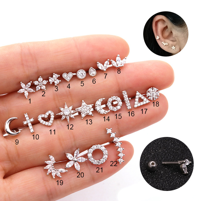 Picture of European and American Popular Stainless Steel Earrings Piercing Wholesale Micro-Paved Zircon Screw Screw Balls Do Not Need to Be Removed When Sleeping
