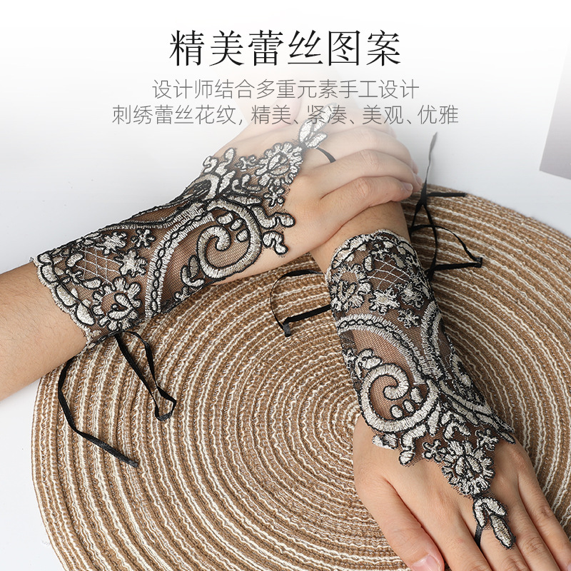 Picture of Hook-Finger Short Mesh Lace Bow Sleeves European and American Bride Wedding Dress Hand Sleeves Short Lace Gloves Wholesale