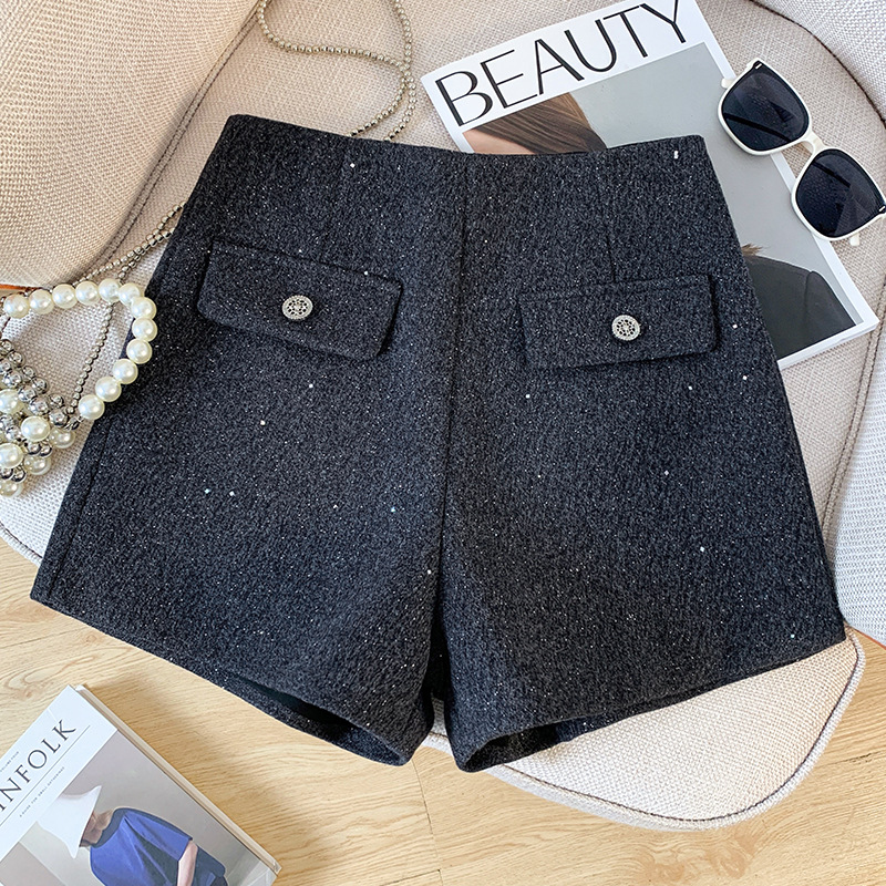 Woolen Sequin High Waist Slimming A- line Wide Leg Shorts Women's 2024 Autumn and Winter New Black All-match High-end Casual Pants