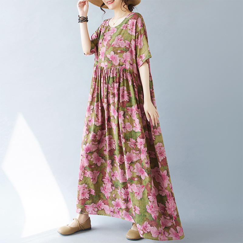 Picture of Simple Fashion Bohemian Dress Summer New Fat Plus Size Short Sleeve Round Neck Printed Dress for Foreign Trade Women