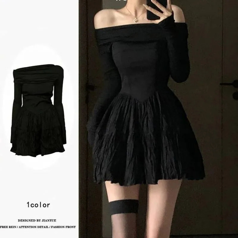 off-shoulder small slim short skirt temperament black design pleated A- line skirt long sleeve dress spring and autumn women