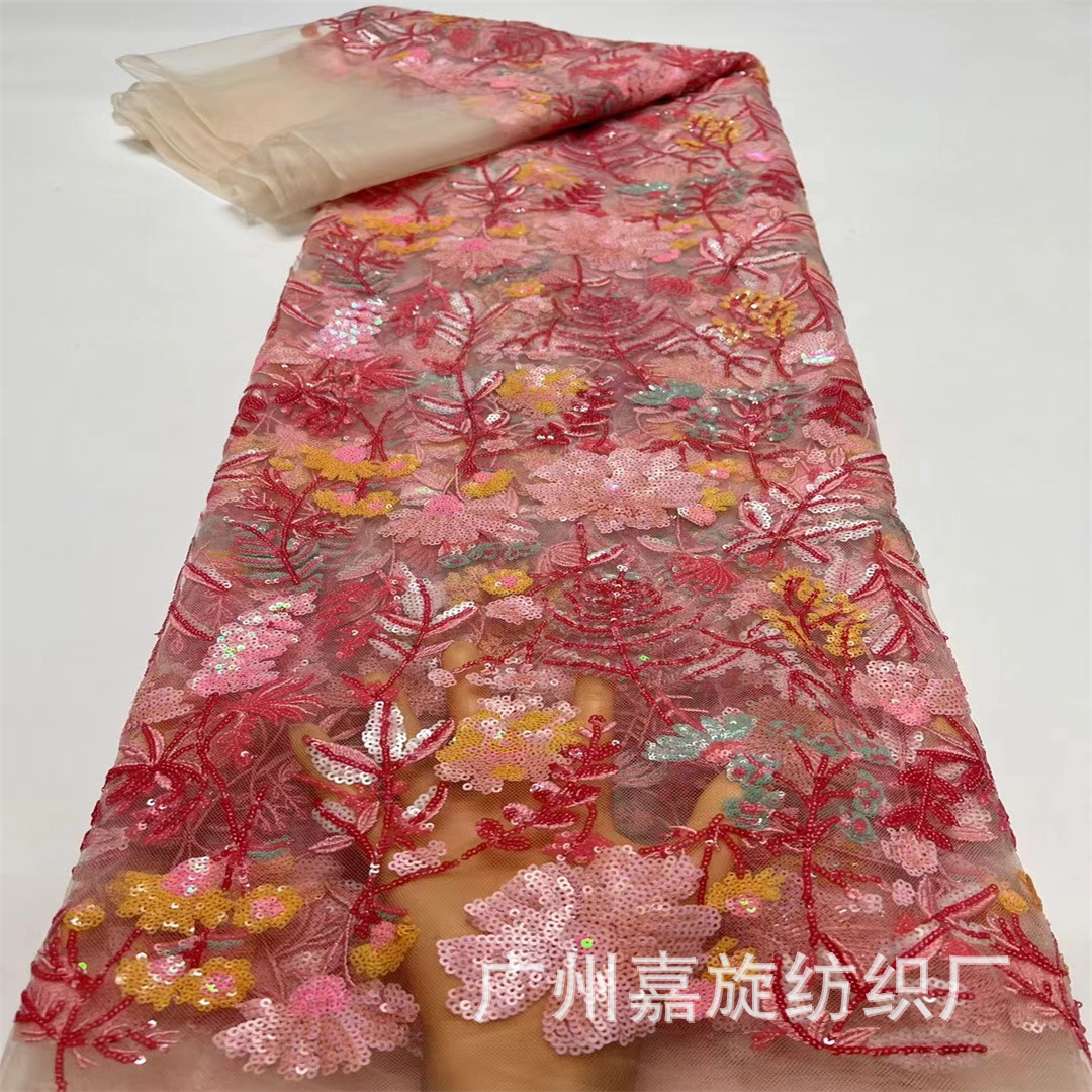New Design Pink Sequin Mesh Tulle Fabric African Bead Embroidered Cheongsam Toast Clothing Lace Cloth JX4211