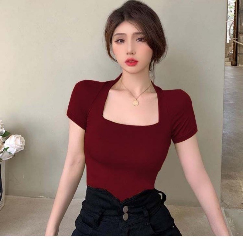 Picture of Klein Blue Square Collar Short-sleeved T-shirt Women's Summer Tight Big Neck Collarbone French Style Retro Sexy Half-sleeved Top