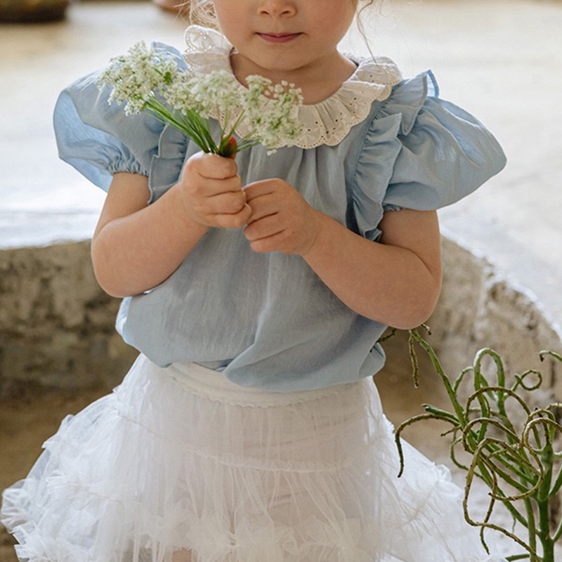 Picture of Ins Style Korean Style Summer Clothes for Infants and Young Children, Lace Puff Sleeve Tops, Fashionable and Trendyy Versatile Simple Shirts for Baby Girls