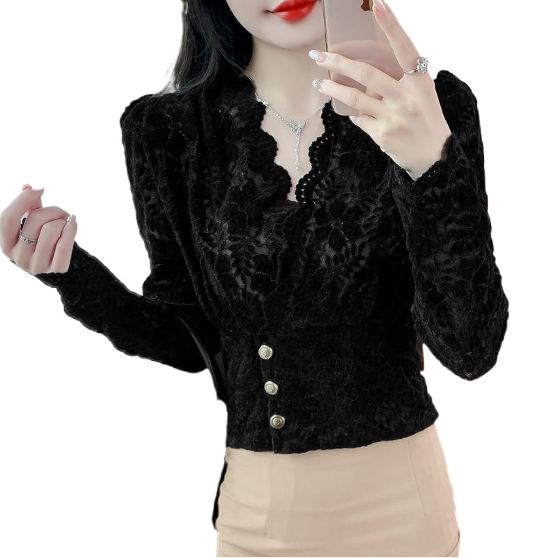 Picture of 2023 Autumn and Winter New Collar Wavy Edge Shirt Lace Shirt Women's Western Style Slim Fit Slimming fleece-lined Thickened Base Shirt