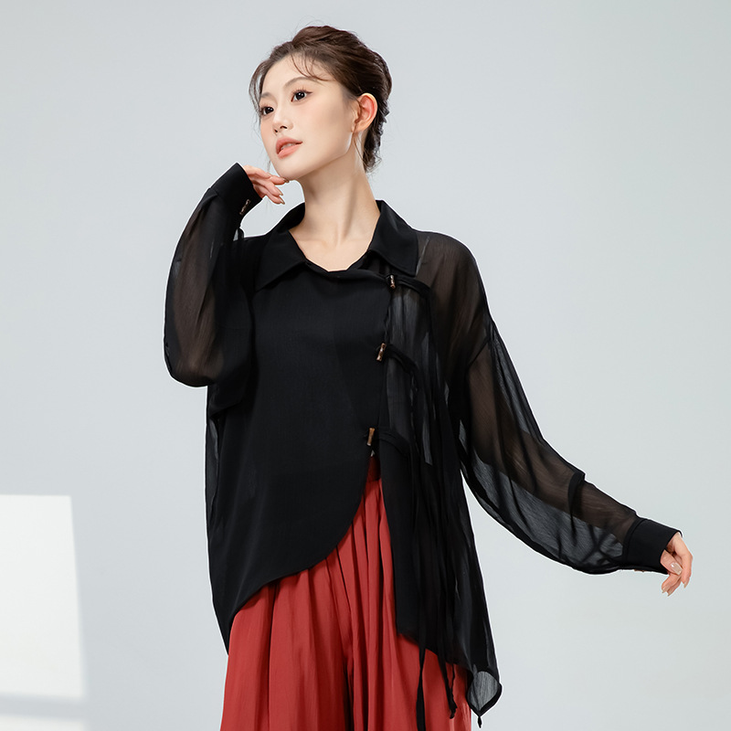 Picture of Modern Dance National Trendy Su Piao Rope Buttoned Shirt New Loose Asymmetrical Casual Top Chinese Classical Dance Clothing