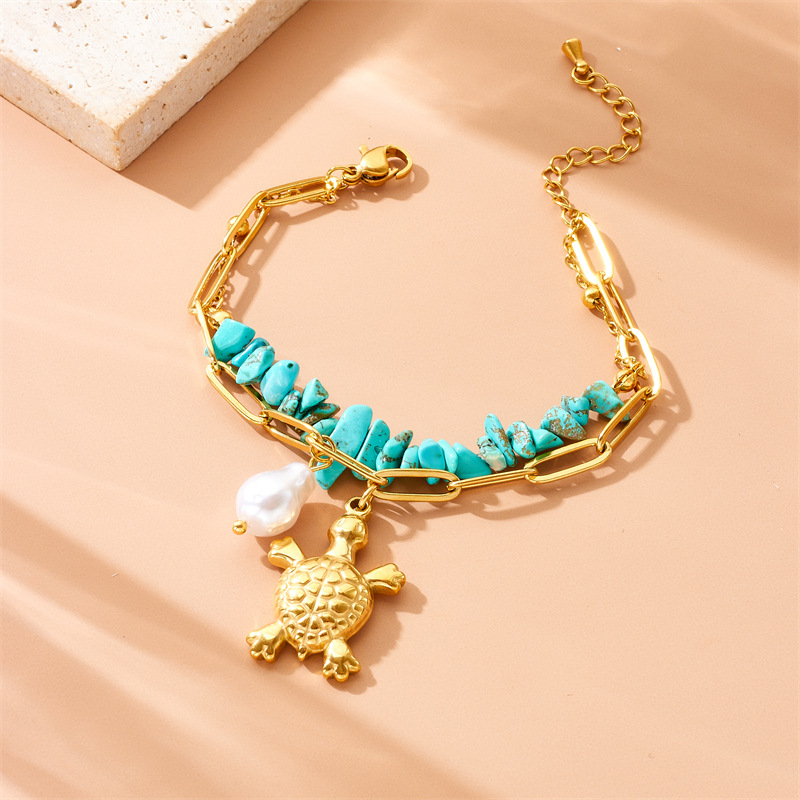European and American Fashion Stainless Steel Gold-Plated Chain Irregular Turquoise Turtle Decorative Double-Layer Stacked Bracelet