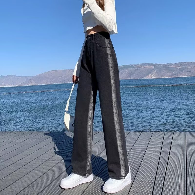 Real Shot Gradient Contrast Color Jeans Women's Loose High Waist All-match Slim Look Casual Straight Wide Leg Trousers Ins