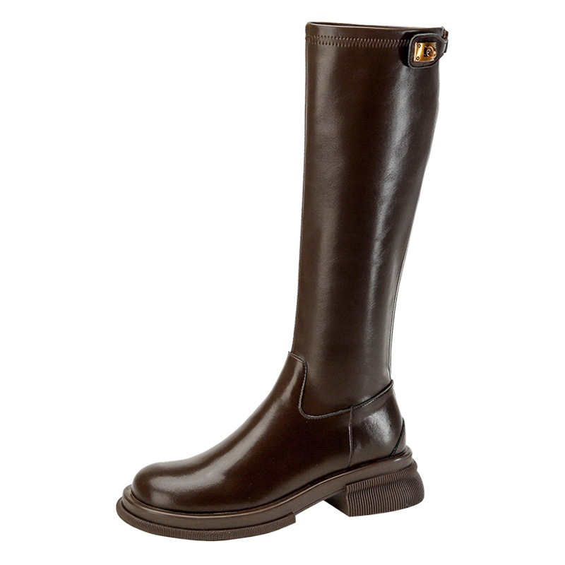 2025 Autumn/Winter New Slim Long Boots for Women with Small Gold Buckle, Round Toe, Thick Sole, High Brown Boots, Slimming Riding Boots