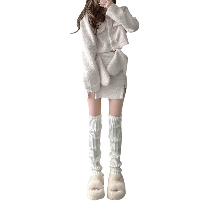 Sweet white pile socks lengthened socks spring thickened JK women's leg cover over the knee stockings knitted autumn and winter warm
