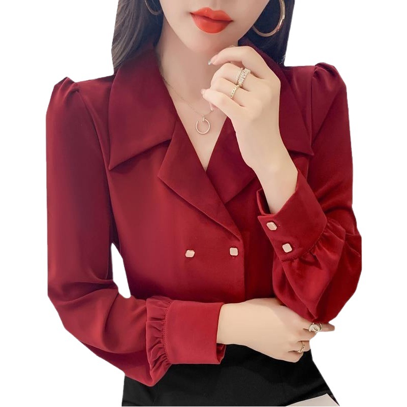 2024 New Double-Breasted Temperament Shirt Women's Spring Puff Sleeve Professional Shirt Elegant Hong Kong Style Slim Top