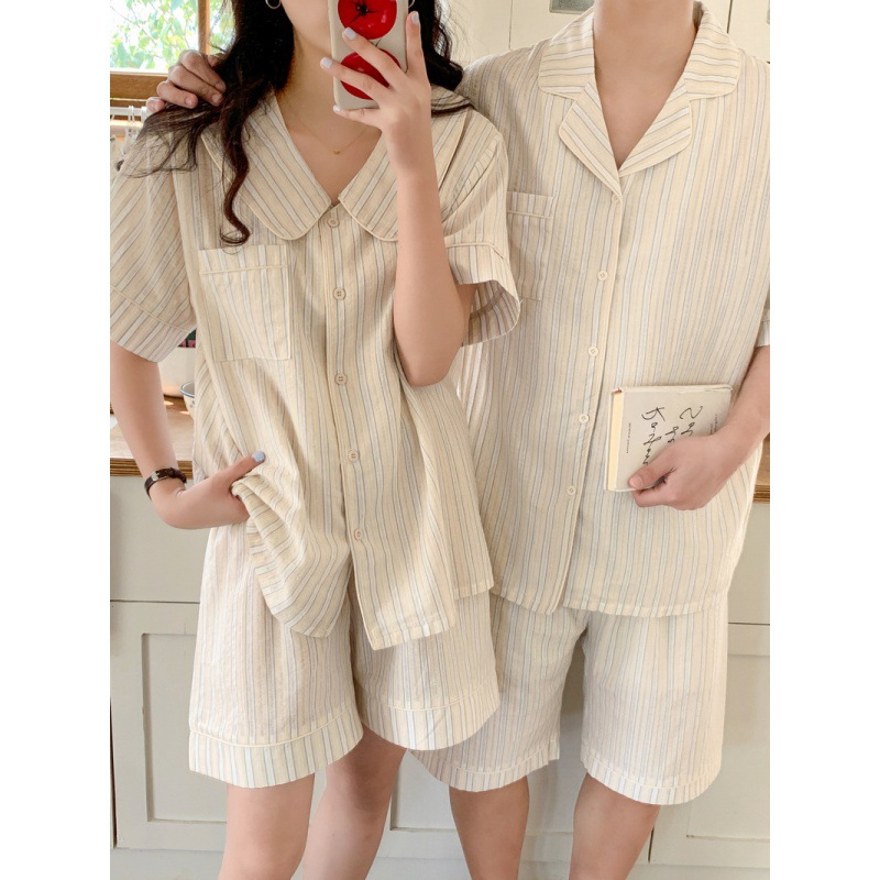 Korean Style ins Women's Summer Couple Pajamas Striped Holiday Short-sleeved Shorts Suit Home Clothes Women's Doll Collar