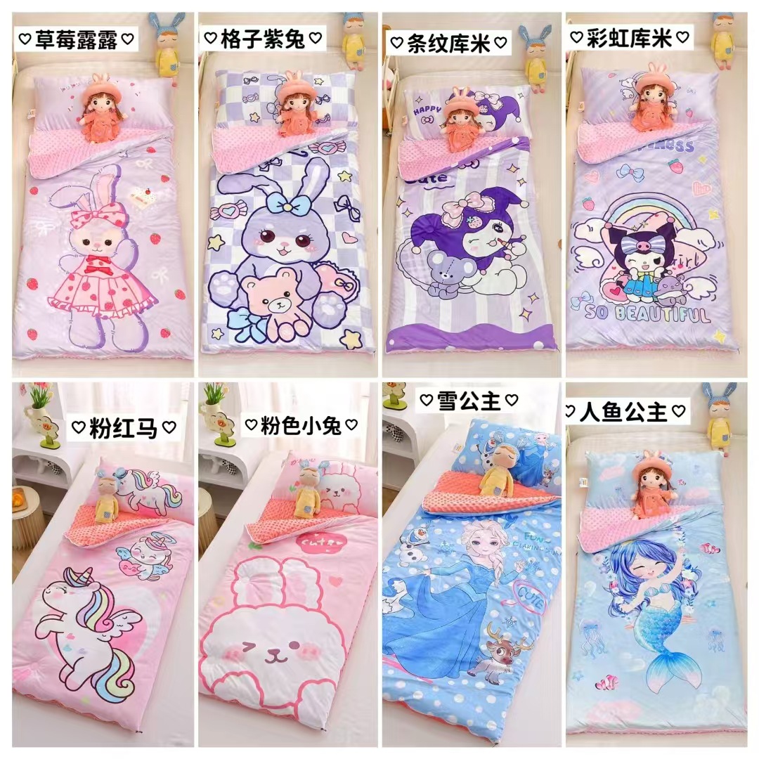 Cross-border foreign trade autumn and winter thickened large version of cartoon children's kindergarten baby velvet peas velvet sleeping bag kick-proof quilt wholesale