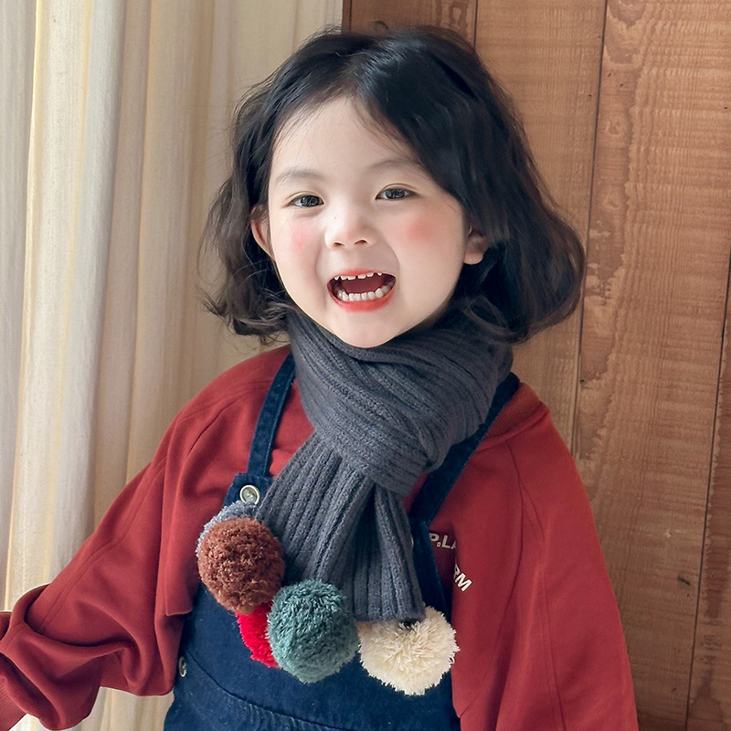 Ins Color Small Ball Korean Style Children's Scarf for Boys and Girls Baby Autumn and Winter Warm Solid Color Knitted Cold-proof Neck Scarf