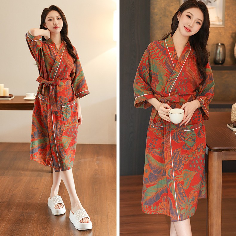 Spring and Summer Thin Cotton Double-Layer Gauze Bathrobe, Absorbent and Quick-Drying Bathrobe, Pajamas, Women's Loungewear, Nightgown, One-Piece Wholesale