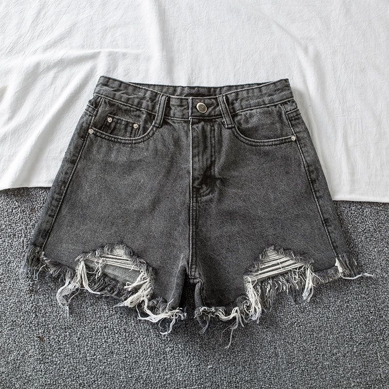 Cross-border gray Denim shorts women's summer new tassel high waist raw edge loose slim student holes ins. Pants