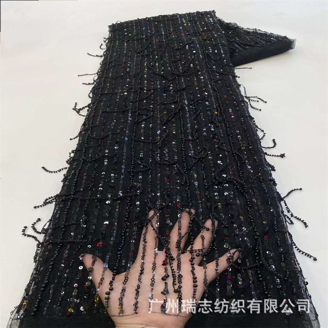New high-end beaded tube polyester glossy silk sequins hanging evening dress embroidered three-dimensional beaded wedding dress belly dance skirt fabric