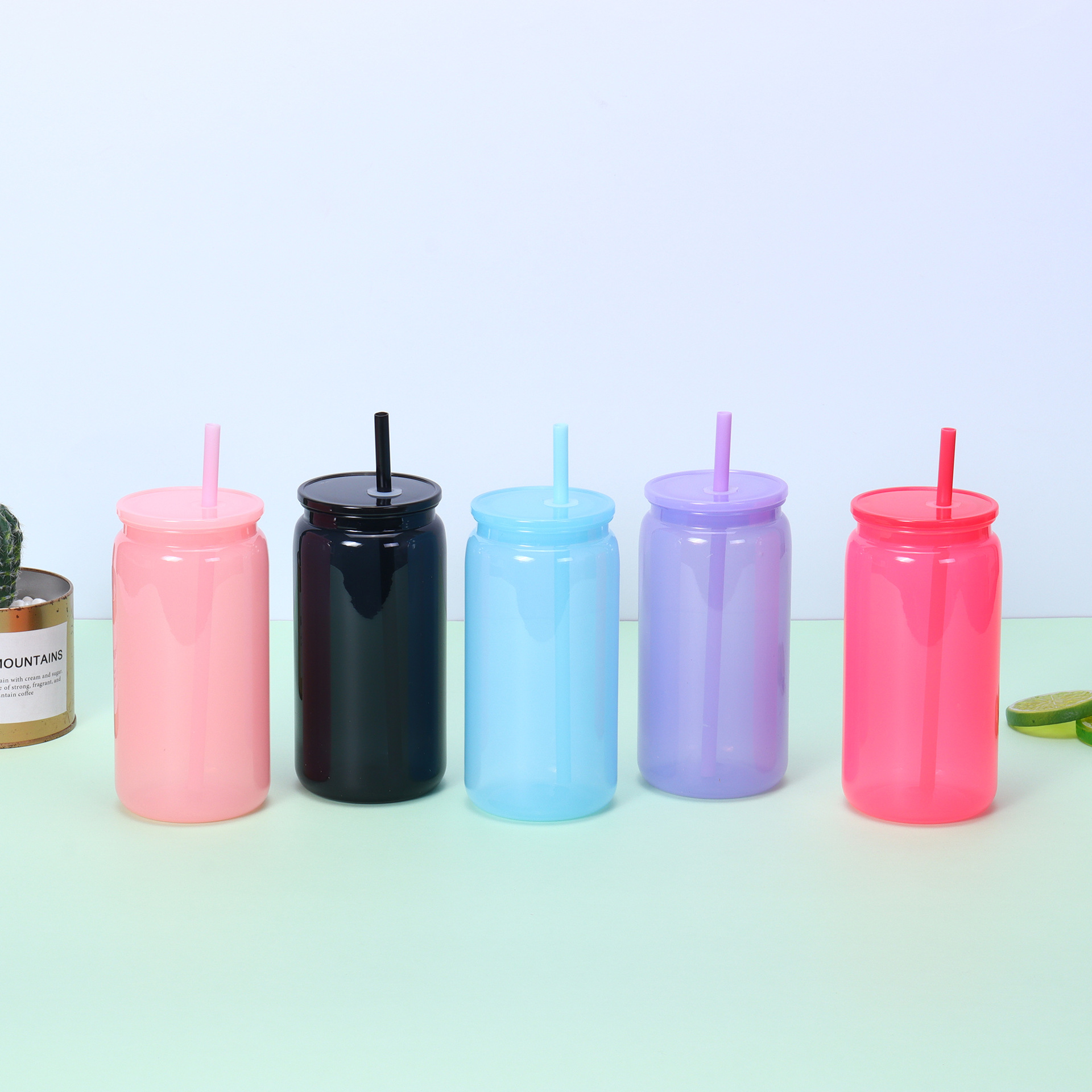 New color pc plastic cup 16oz mason cup eco-friendly acrylic dopamine jelly color sipper cup direct supply