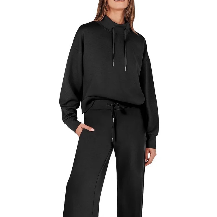 2023 Amazon European and American autumn and winter New Fashion casual women's long-sleeved drawstring solid color commuter trousers suit women