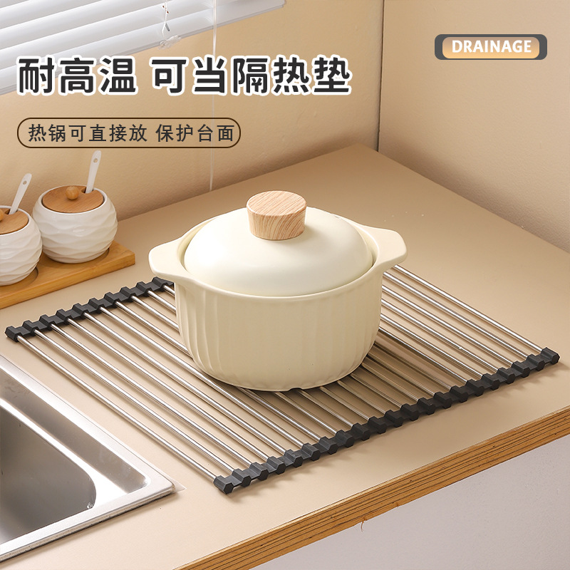 Picture of Cross-border Sink Folding Stainless Steel Drain Rack Kitchen Multifunctional Bowl and Plate Vegetable and Fruit Storage Drain Curtain for Hair