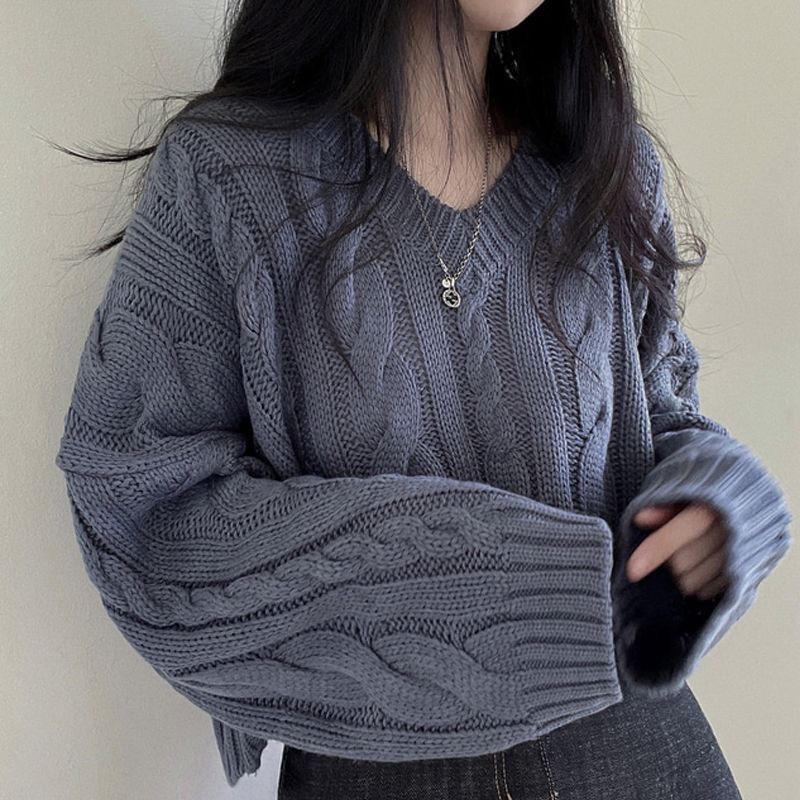 South Korea chi vintage twist thick needle sweater pullover short long sleeve sweater women